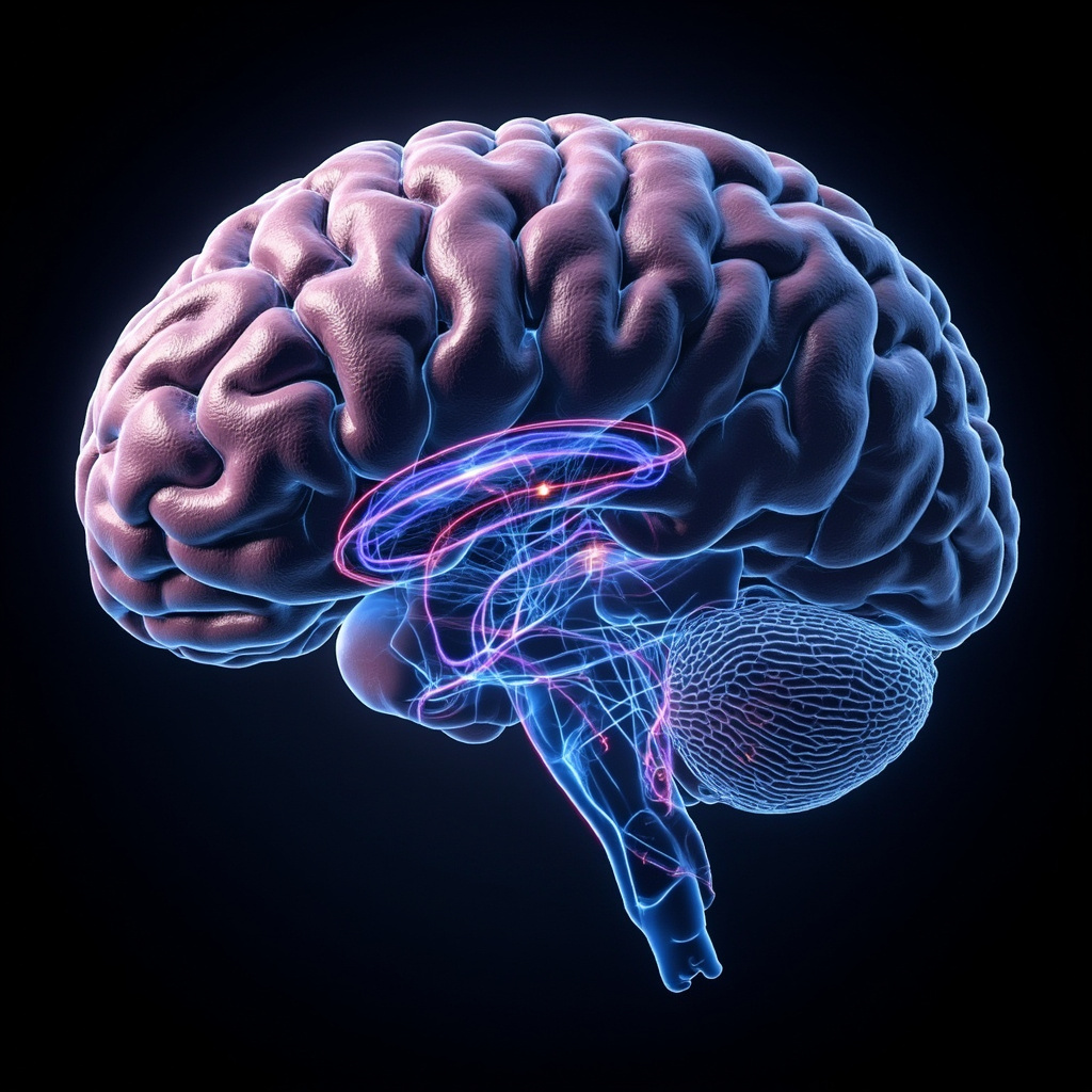 Illustration of a glowing human brain with soft sound waves in blue and golden electrical microcurrents flowing through neural pathways, evoking healing, clarity, and balance in a serene natural background.