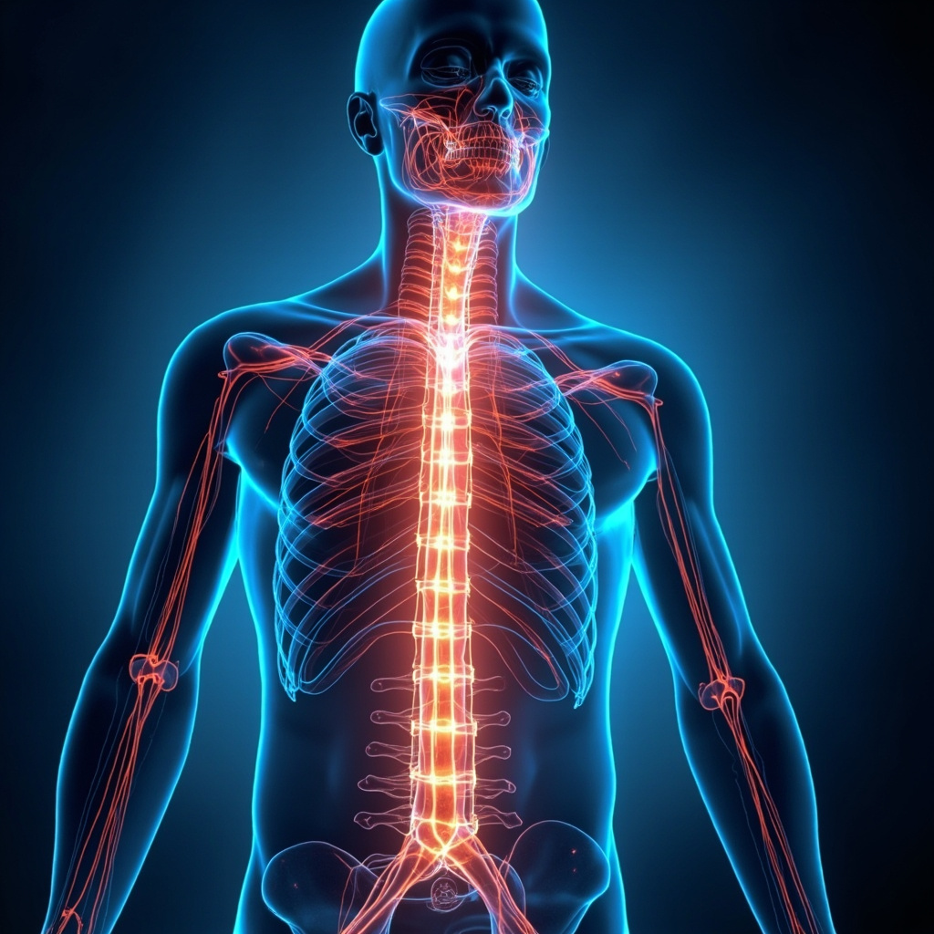 Human silhouette with glowing blue sympathetic nerves along the spine from neck to lower back, surrounded by fading stress icons like racing heart, clenched fists, turning into calm waves and relaxed breathing, professional medical illustration style.