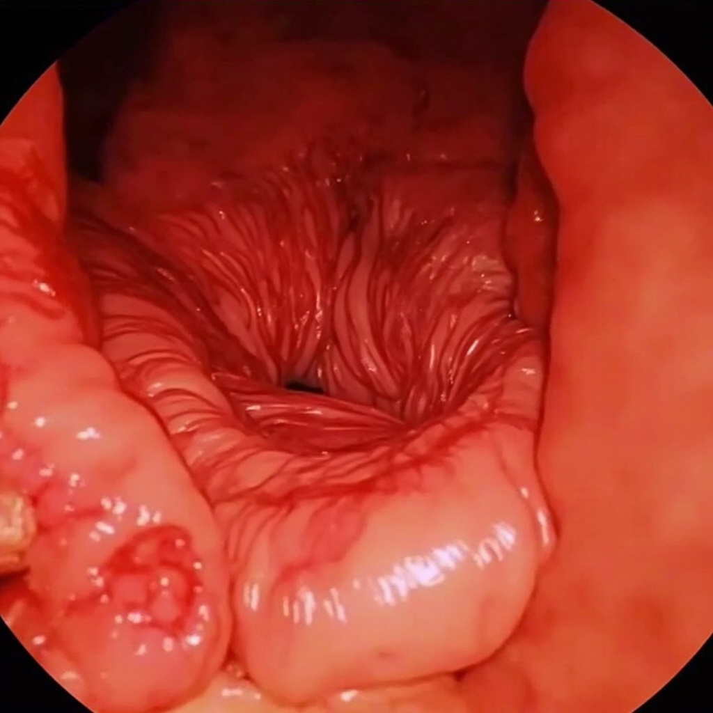 Glowing anatomical view of stomach and pylorus with tension waves turning to harmonious energy flows, blue calming tones, subtle anxiety clouds dissolving, healing frequency symbols