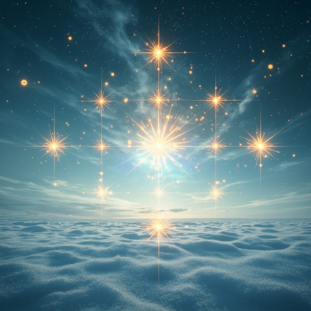 A serene winter landscape with a person sitting in meditation pose by a frosty window, soft glowing light frequencies emanating from their body, in calming blue and gold tones, evoking inner peace and energy balance.