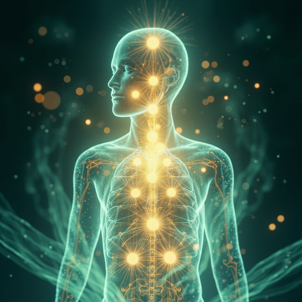 Illustration of glowing golden energy meridians flowing harmoniously through the human digestive system, focusing on the abdomen with soft light rays emanating from key points like the stomach and intestines, a serene figure in meditation pose, evoking vitality and inner balance