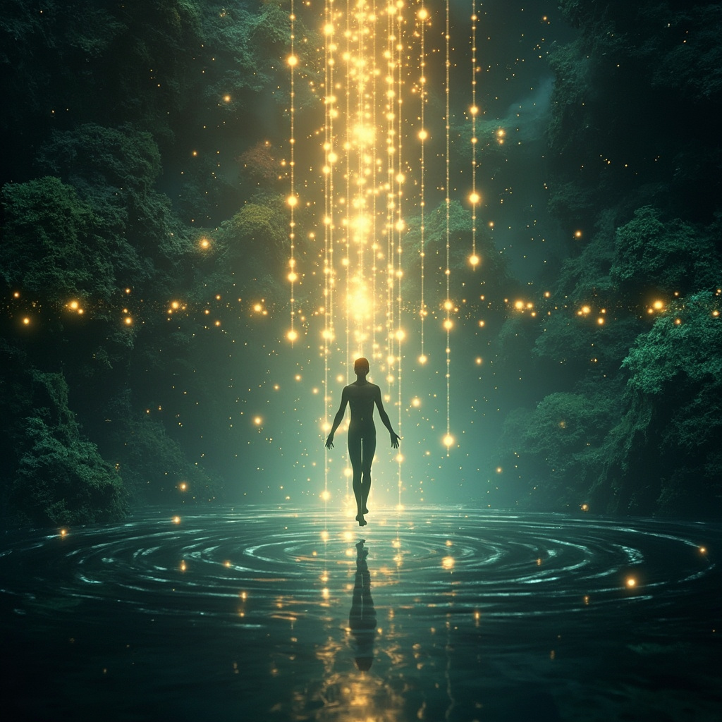 Serene person in lotus pose, glowing acupuncture points PC6 HT7 GV20 GV24 SP6 on wrists arms head legs, soft blue energy waves, peaceful forest background, calming light rays