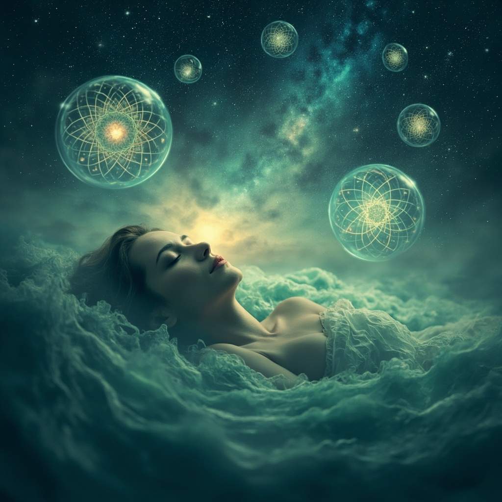 Serene sleeping figure under starry sky, dream bubbles with Jungian symbols like mandalas, shadows transforming to light, calming blue-green waves symbolizing anxiety relief through dreams, ethereal and peaceful.