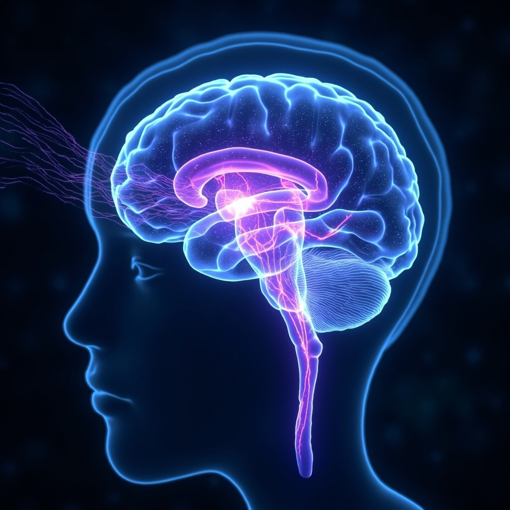 Illustration of 40 Hz sound waves entering a glowing human brain, dissolving sticky amyloid plaques into fluid streams, with vibrant gamma wave patterns in blue and purple tones, serene healing atmosphere