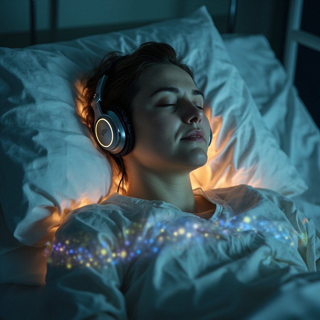 A patient in a hospital bed post-colorectal surgery, wearing headphones listening to calming music, with soft glowing waves of sound frequencies emanating from the headphones, enveloping the body in a healing aura, serene and restorative atmosphere.