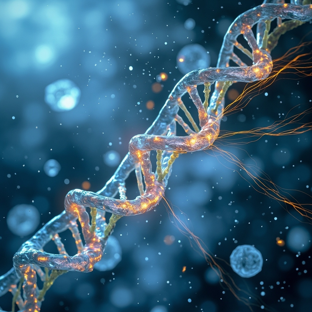 Vibrant double helix DNA strand with breaks being repaired by glowing golden frequency waves and sound pulses, cells rejuvenating around it, soft blue background symbolizing natural healing and anti-aging.