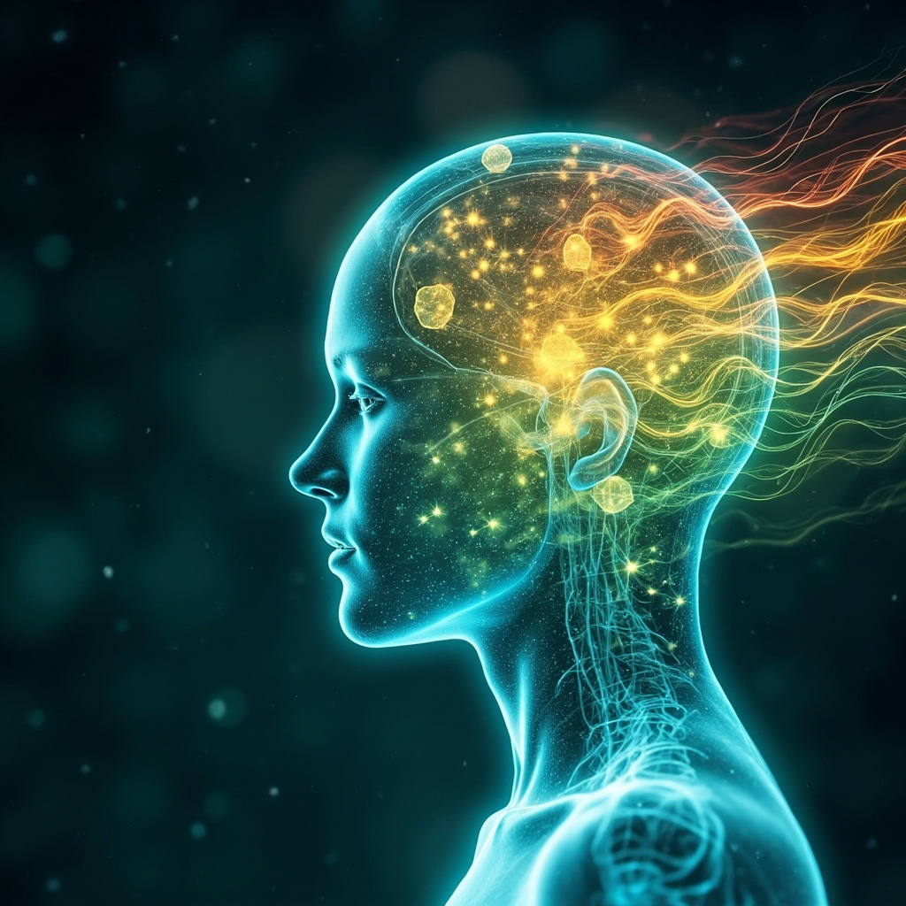 Illustration of colorful sound waves resonating with glowing molecular structures representing cortisol, oxytocin, serotonin, and dopamine inside a serene human silhouette, in soft blues, greens, and golds