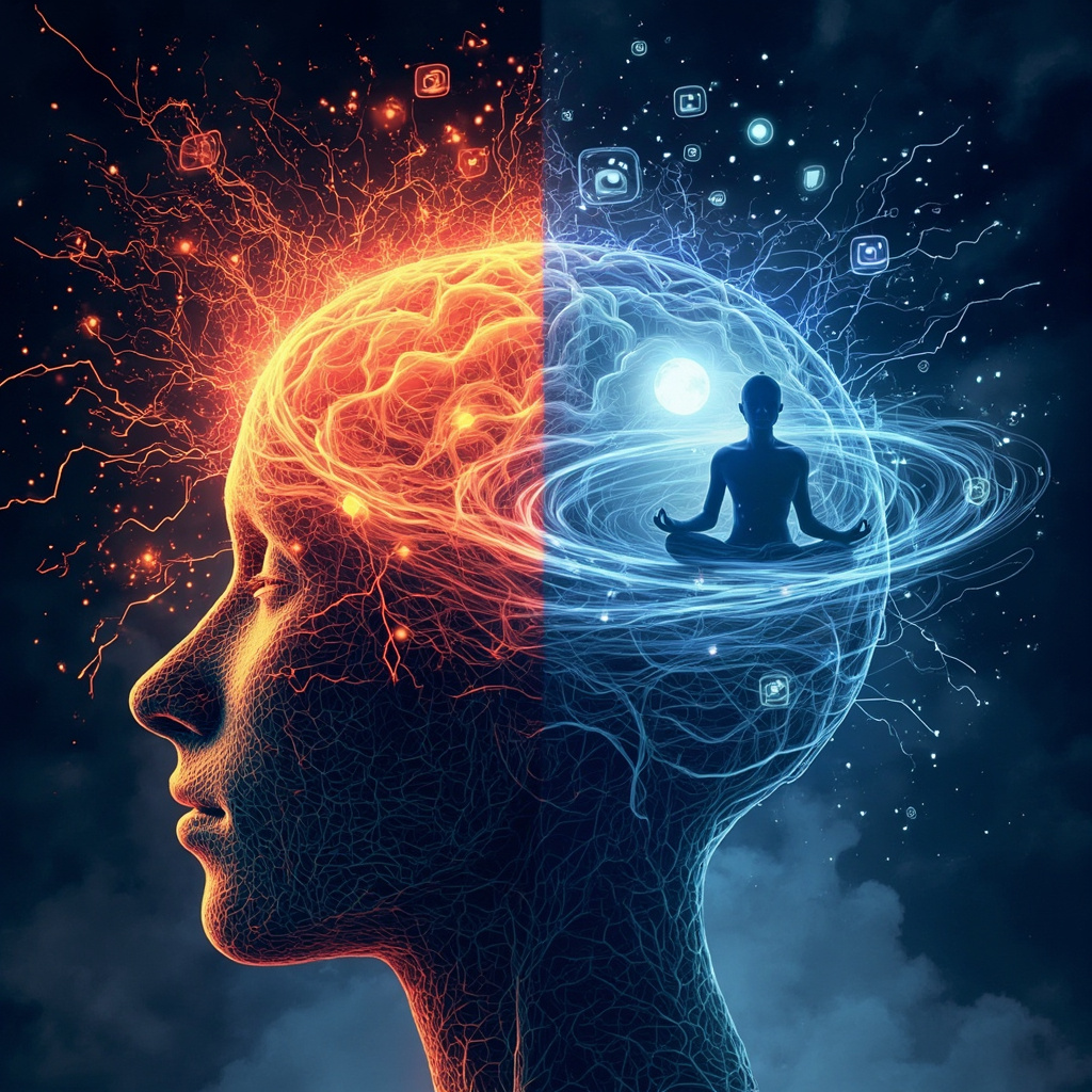 Illustrative image of a brain split: left side chaotic with phone notifications and dopamine spikes causing anxiety waves, right side calm with harmonious frequency waves, sound icons, and a person meditating peacefully in soft blue tones.