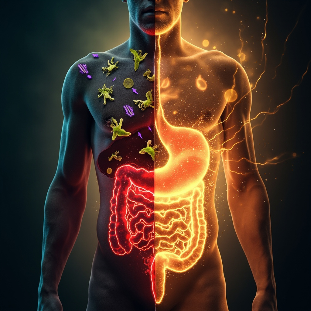 Vibrant split-image: left side shows sluggish person with chaotic gut bacteria icons causing inflammation and slow metabolism arrows; right side energetic person with balanced glowing gut microbiome, energy waves boosting vitality and weight loss.