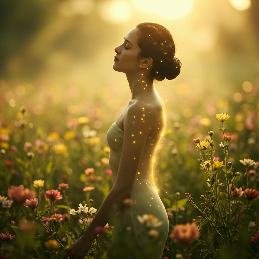 Serene person in blooming field, eyes closed peacefully, subtle glowing acupuncture points on head, kidneys, spine, soft spring light, calming frequencies visualized as waves.