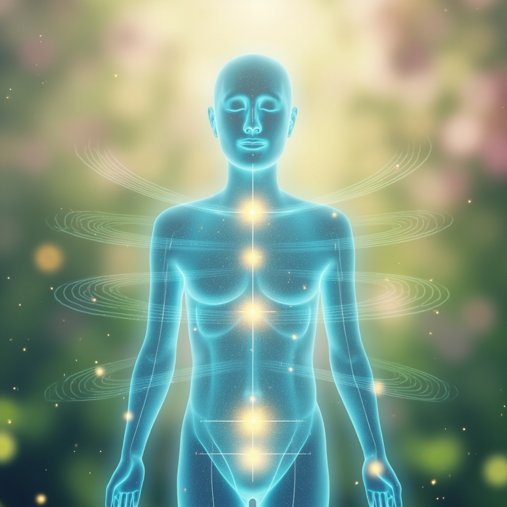 Serene human silhouette with glowing acupuncture points: SP12 on lower abdomen, ST33 on thigh, ST6 on jaw, GV27 near upper lip, GB4 on temple; soft blue frequency waves dispersing pollen particles, calming spring background.