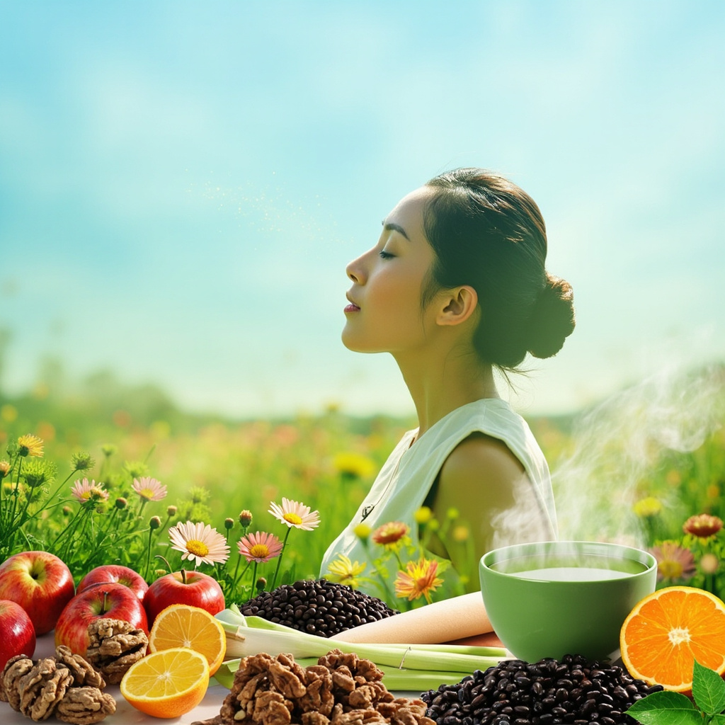 Serene spring scene with a person breathing freely amid blooming flowers, surrounded by fresh onions, apples, green tea, walnuts, black beans, citrus fruits, and subtle glowing acupuncture points on a soft blue background, symbolizing natural allergy relief through nutrition.