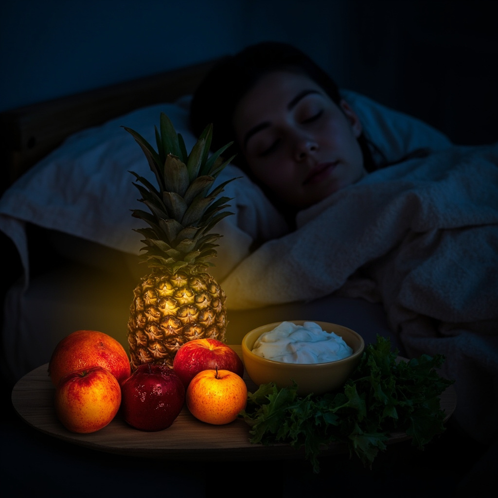 Serene night scene of a person sleeping comfortably in a cozy bed, with soft glowing fruits like oranges, apples, pineapple, yogurt bowl, and green veggies arranged on a bedside table, evoking natural allergy relief and restful sleep