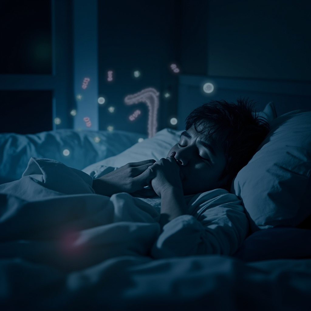 A tired adult in bed at night, clutching nose with congestion, subtle gut icons in background, soft blue tones for calm healing vibe.