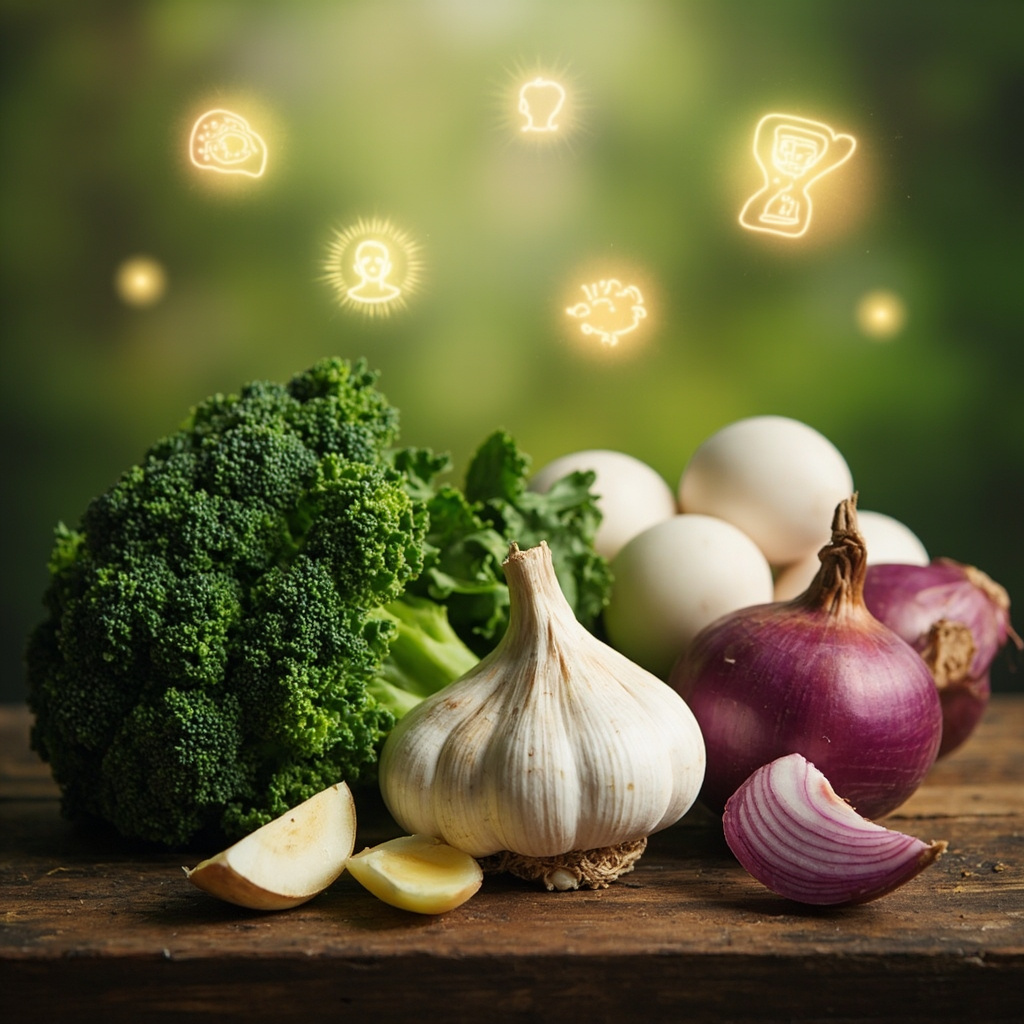 Vibrant illustration of fresh garlic, broccoli, eggs, and onions arranged on a wooden table, with subtle glowing icons representing detoxification (liver), skin health (glowing face), protein synthesis (muscle), and longevity (eternal flame or hourglass), in soft natural light, professional nutritional theme.