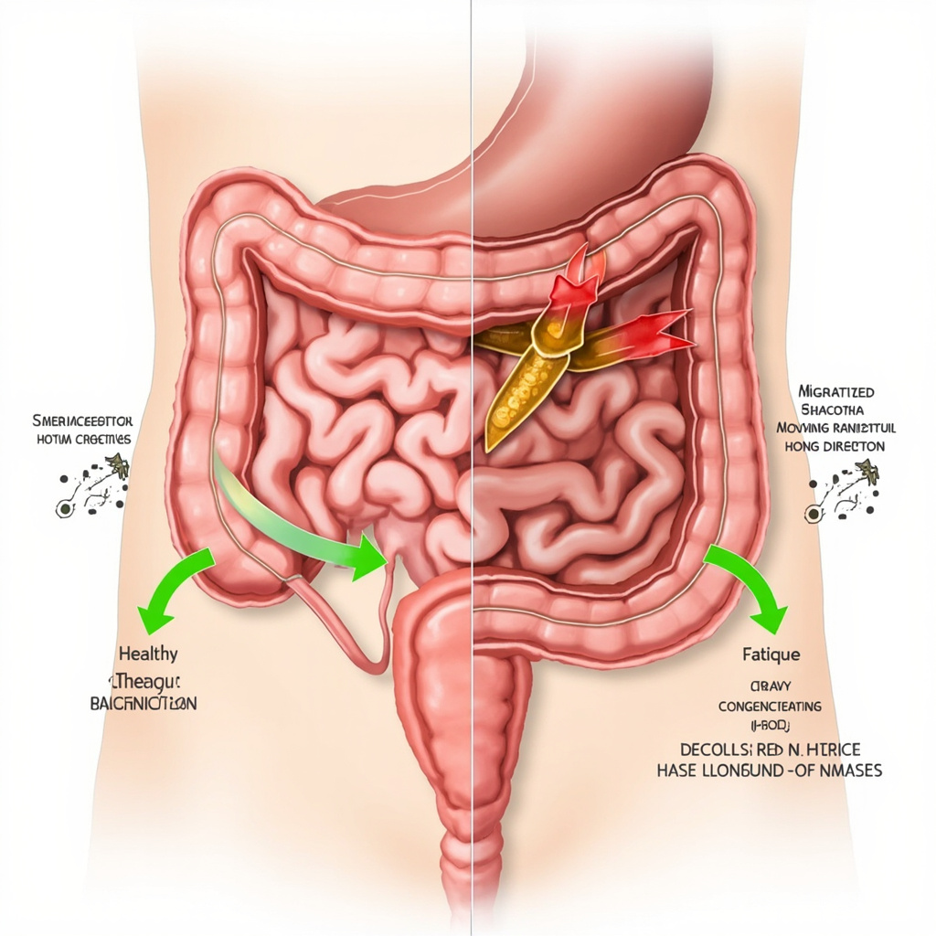 Prompt: Detailed anatomical illustration of the human digestive system focusing on the ileocecal valve between small and large intestine. Show normal flow (green arrows) vs dysfunctional (red backflow bacteria, bloating icons, fatigue symbols). Clean, educational style for health article.
