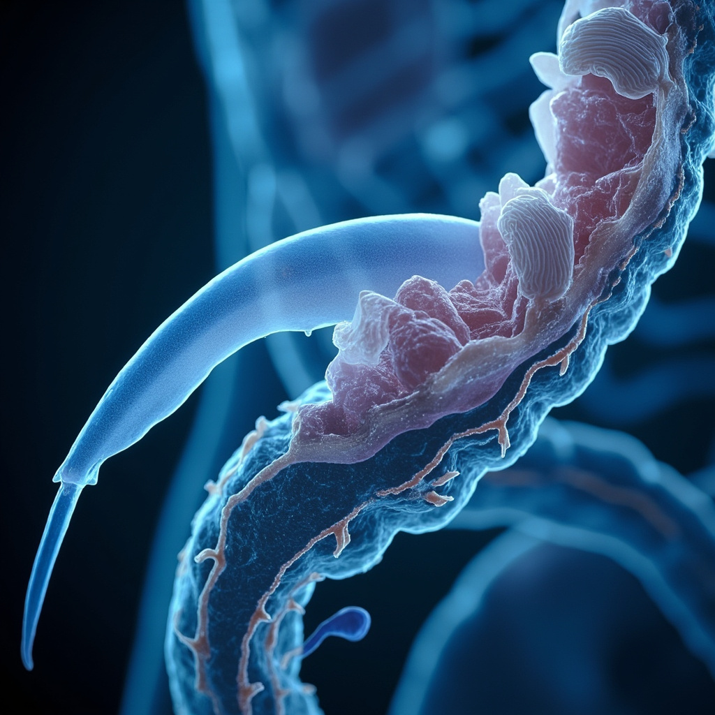 Realistic medical illustration of Echinoporyphium recurvatum fluke parasite attached to inflamed human intestinal lining, showing bloating and damage, in soft blue tones