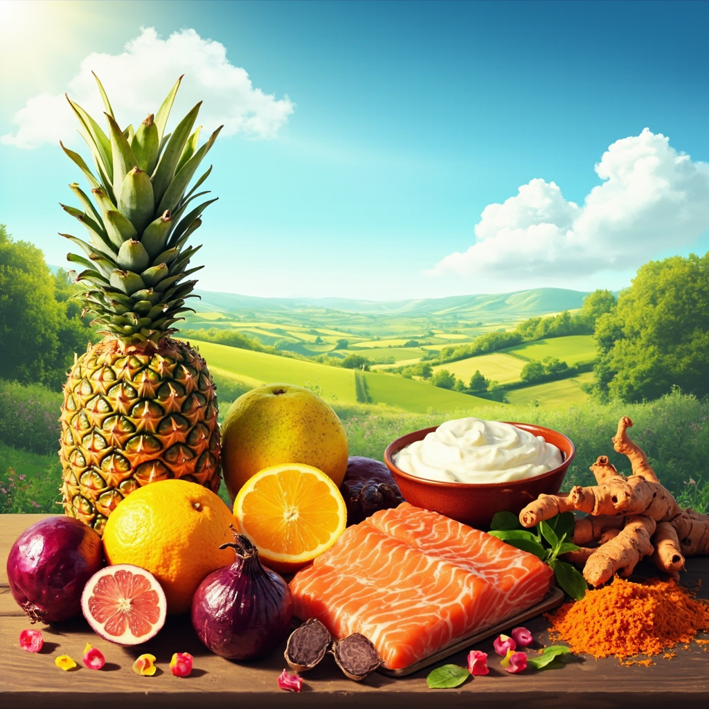 Vibrant illustration of fresh pineapple, citrus fruits, red onions, salmon, yogurt, and turmeric arranged on a table with a serene background of clear skies and green fields, symbolizing nutrition easing environmental allergy symptoms