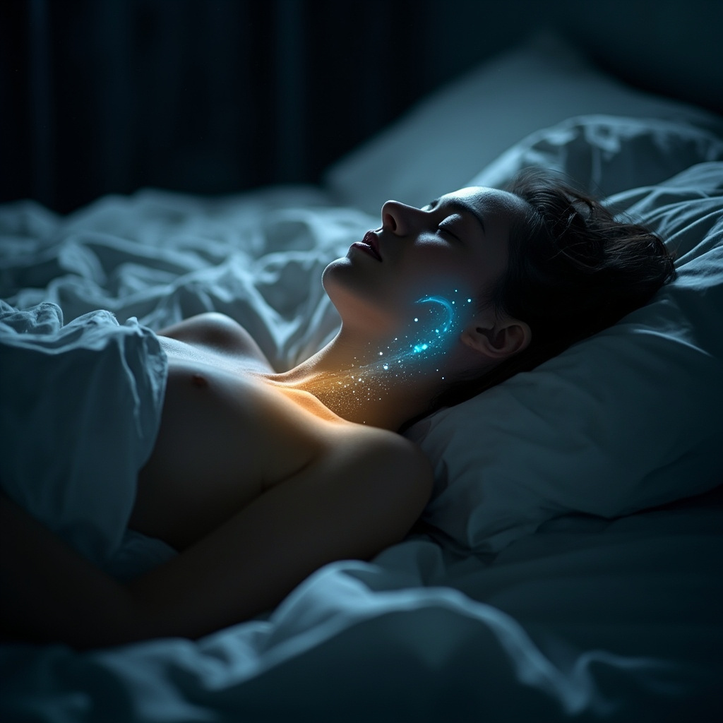Prompt: Serene bedroom at night, person peacefully sleeping with clear breathing, soft glowing frequencies around head and chest, subtle nasal passages highlighted in calming blue, hay fever pollen fading away, realistic style.