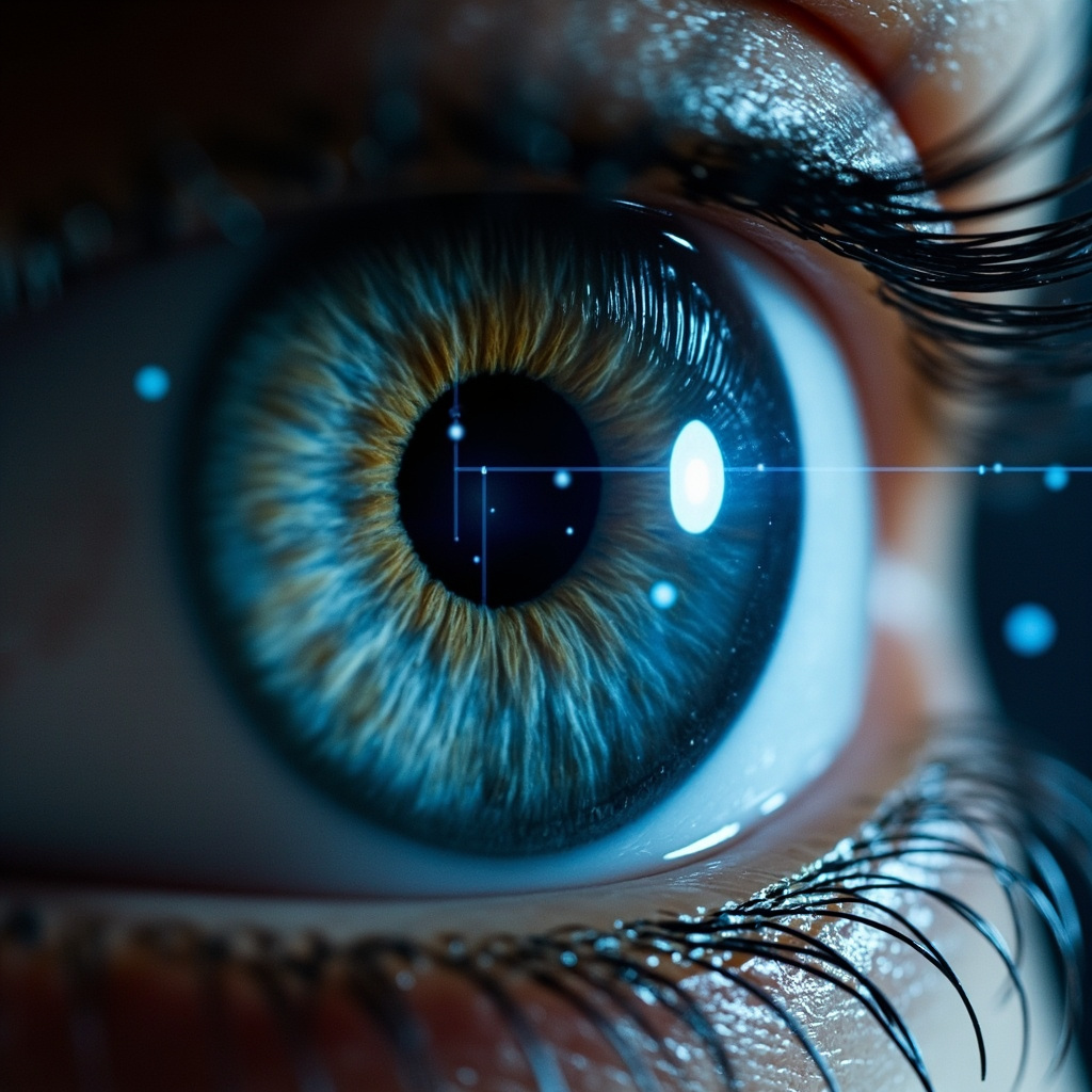A hyper-realistic, close-up image of a human eye reflecting a small, happy dog in the pupil, with a soft, glowing blue energetic grid overlaying the eye area to symbolize healing frequencies and coherence.