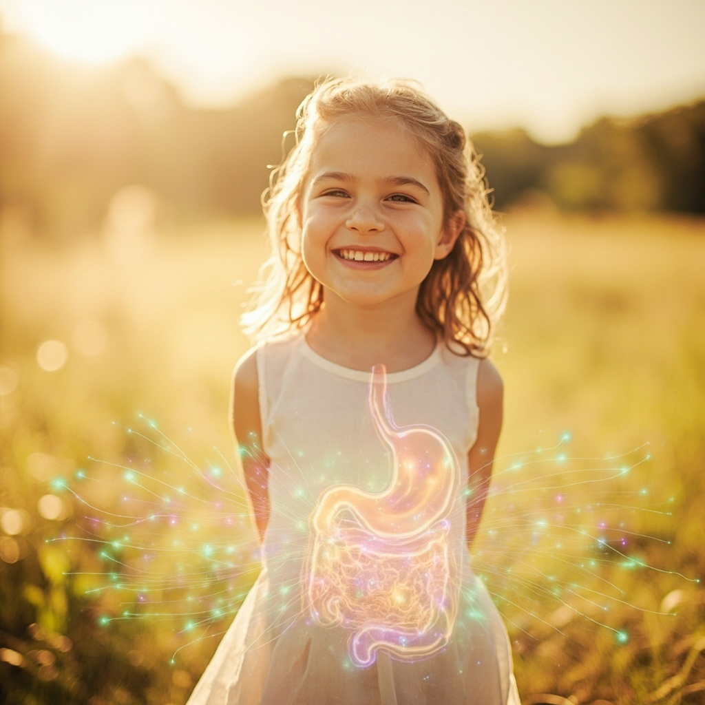A peaceful child with clear skin smiling outdoors, soft glowing energy waves and musical frequencies emanating from the gut area, symbolizing balanced microbiome and allergy relief, in warm pastel tones.