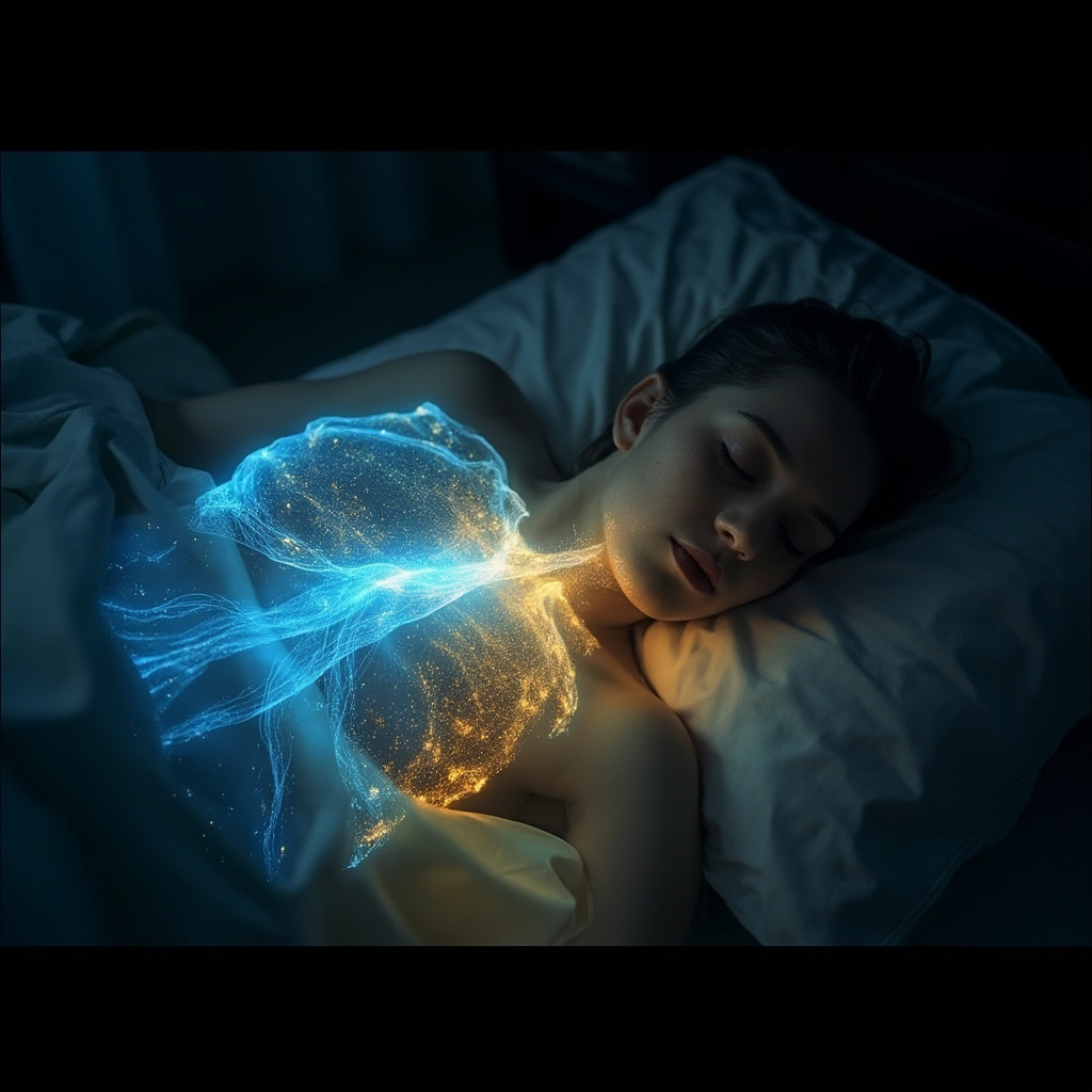 A serene, cinematic image of a person sleeping deeply and peacefully in a dimly lit bedroom, with a soft, glowing blue and gold holographic wave of frequency flowing gently through their respiratory system and chest, symbolizing healing resonance and clear breathing.
