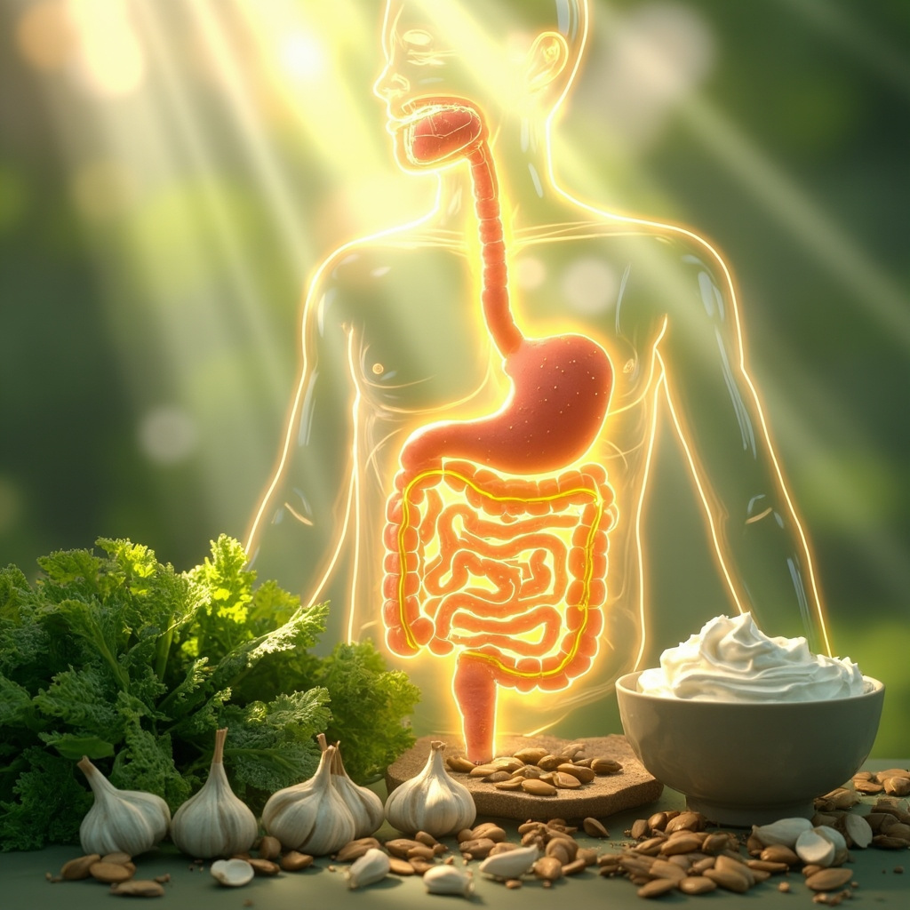 A serene illustration of a healthy human digestive tract glowing with nutrient absorption, surrounded by fresh foods like garlic, pumpkin seeds, yogurt, and leafy greens, in calming green and gold tones, evoking balance and vitality.