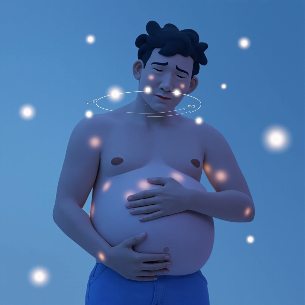 Illustration of a diverse adult looking fatigued with hand on bloated stomach after meal, subtle glowing dots on acupuncture points: near nose (LI19), waist (GB25), lower back (GV1), face and chest; soft blue tones, educational style.