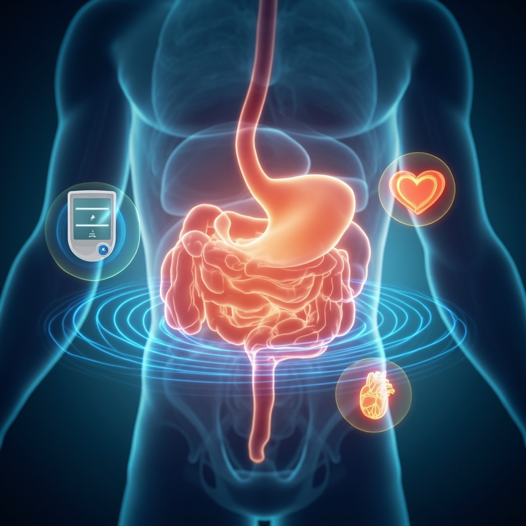 Serene anatomical illustration of the pancreas in the abdomen, glowing with blue healing frequency waves, surrounded by icons of balanced blood sugar (stable glucose meter), smooth digestion (healthy gut), and positive emotions (joyful heart, self-worth affirmations), soft lighting, professional medical art style.