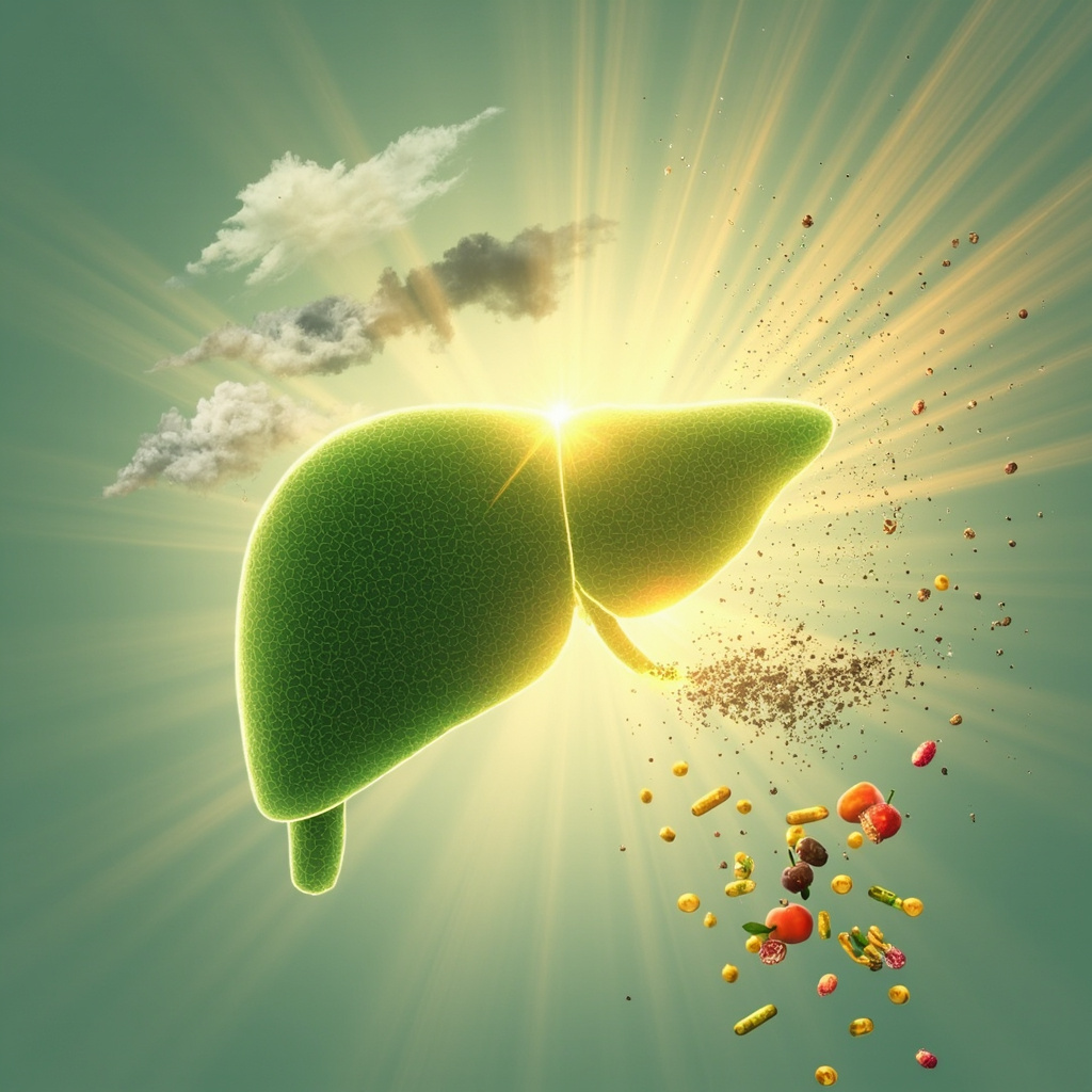 Prompt: Serene illustration of a glowing human liver in the upper right abdomen, emitting harmonious energy waves in green and gold, surrounded by fading icons of fatigue (sleepy figure), anger (storm cloud), toxins (dark particles dissolving), and nutrients (fruits, vitamins flowing in). Clean, anatomical yet approachable style for health article.