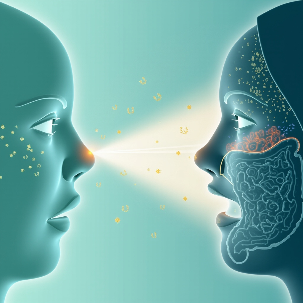 Scientific illustration showing pollen entering nose causing itching, connected by a glowing gut-nose axis to imbalanced gut bacteria icons, with balanced side showing relief, soft blue and green tones, approachable style for health article.