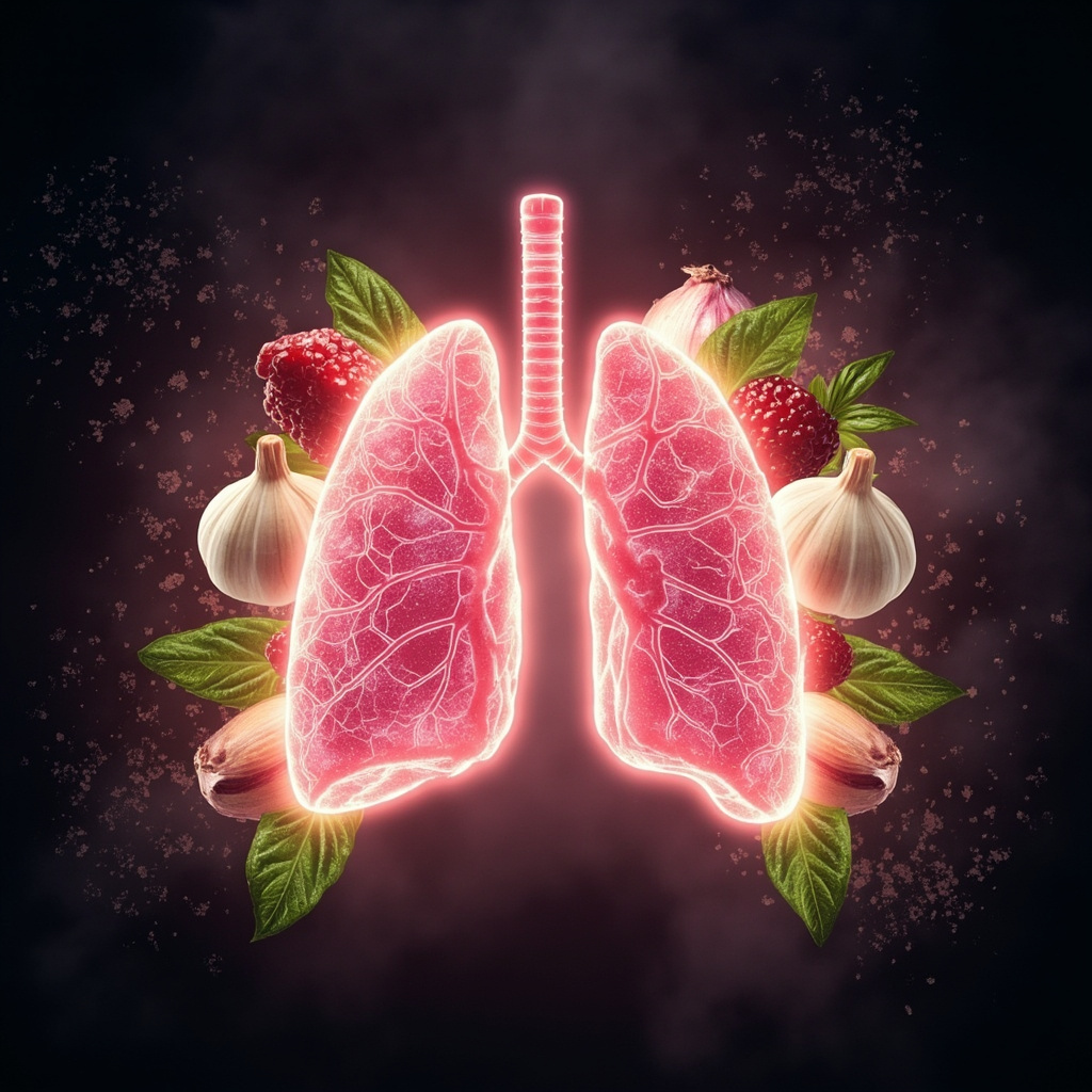 A vibrant illustration of healthy lungs protected by shields made of garlic, onions, berries, and green leaves, with faint Aspergillus niger spores in the background being repelled.