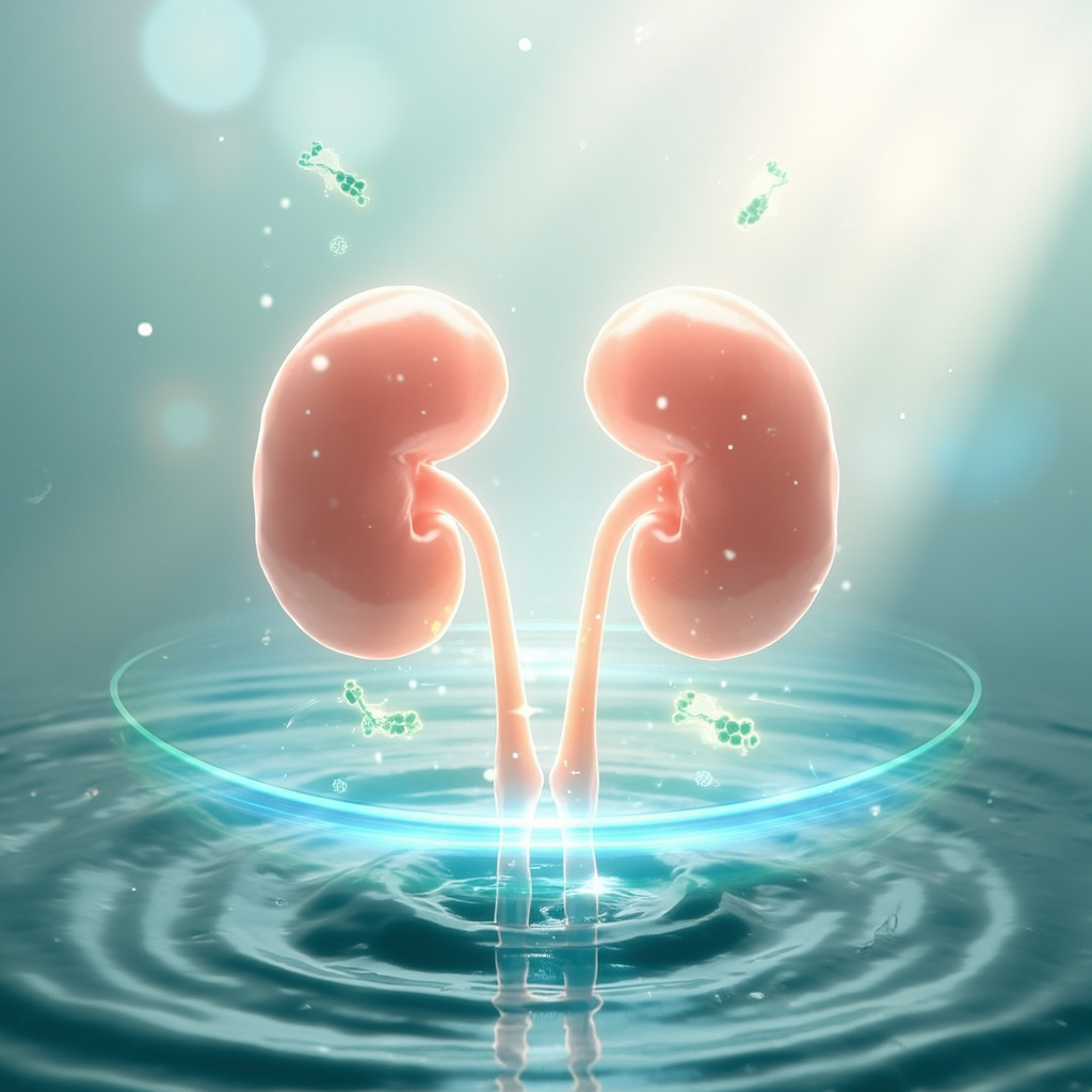 Serene illustration of healthy human kidneys and bladder glowing with blue energy waves balancing tiny bacteria icons, wellness style, soft natural background.