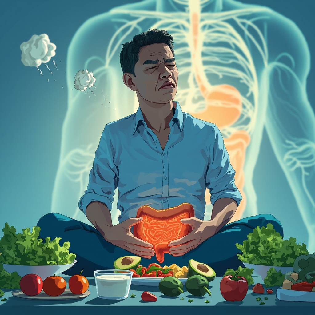 Illustration of a weary adult at a colorful healthy meal table, holding stomach with bloating icons, inflamed gut diagram in background, soft blue tones for calm.