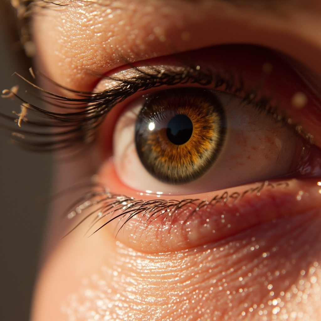 Close-up realistic illustration of human eyes red, watery, and irritated from pet allergy, with faint pet dander particles and fur in the background, soft natural light, medical awareness style, high resolution.