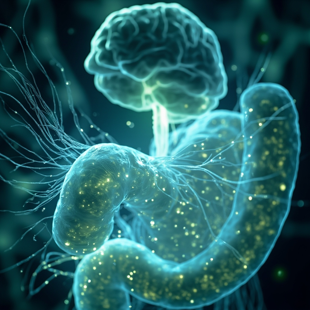 Serene anatomical illustration of the human stomach mucosae with glowing bioelectric waves, neural pathways connecting to a calm brain, soft healing frequency vibrations in blue and green tones, symbolizing emotional and physical harmony.