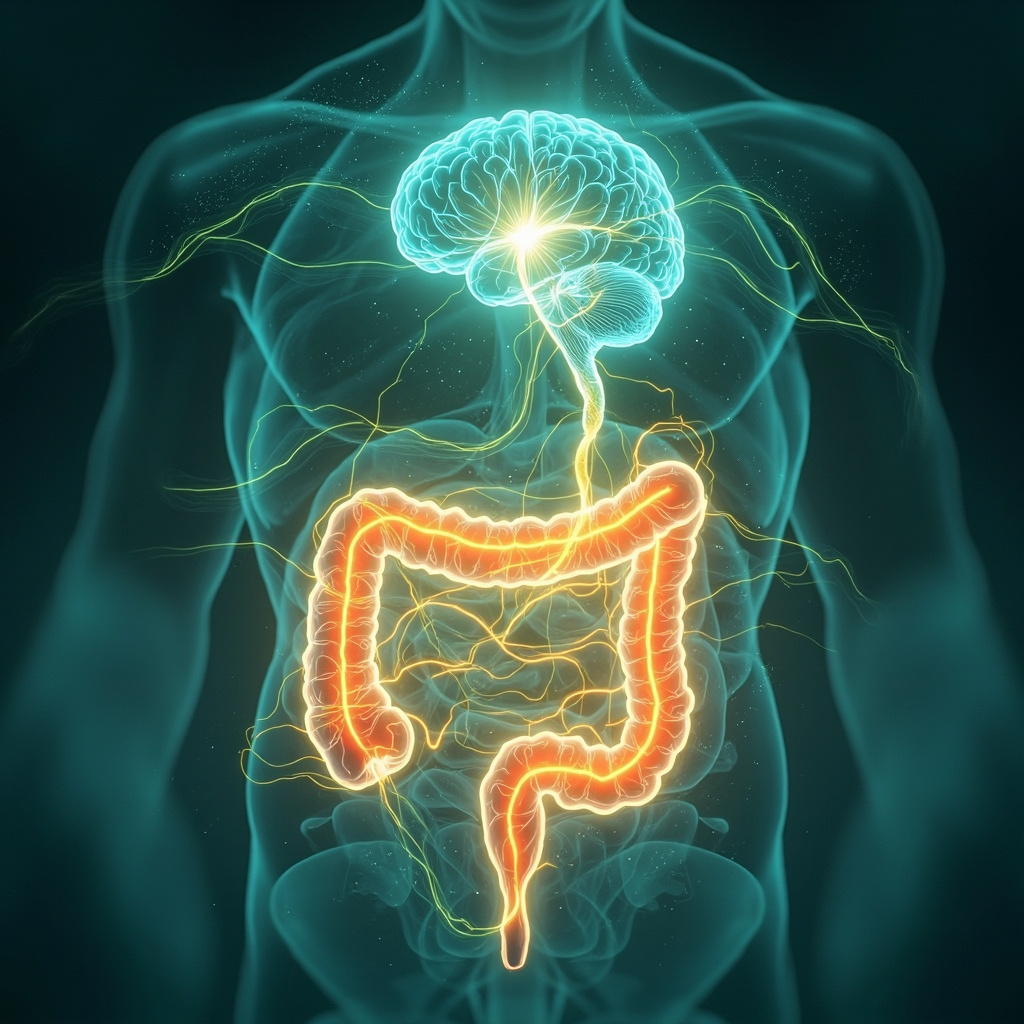 Serene illustration of the small intestine absorbing glowing nutrients into the bloodstream, with soft neural connections to a bright, clear brain, in calming blue and green tones, holistic health style.