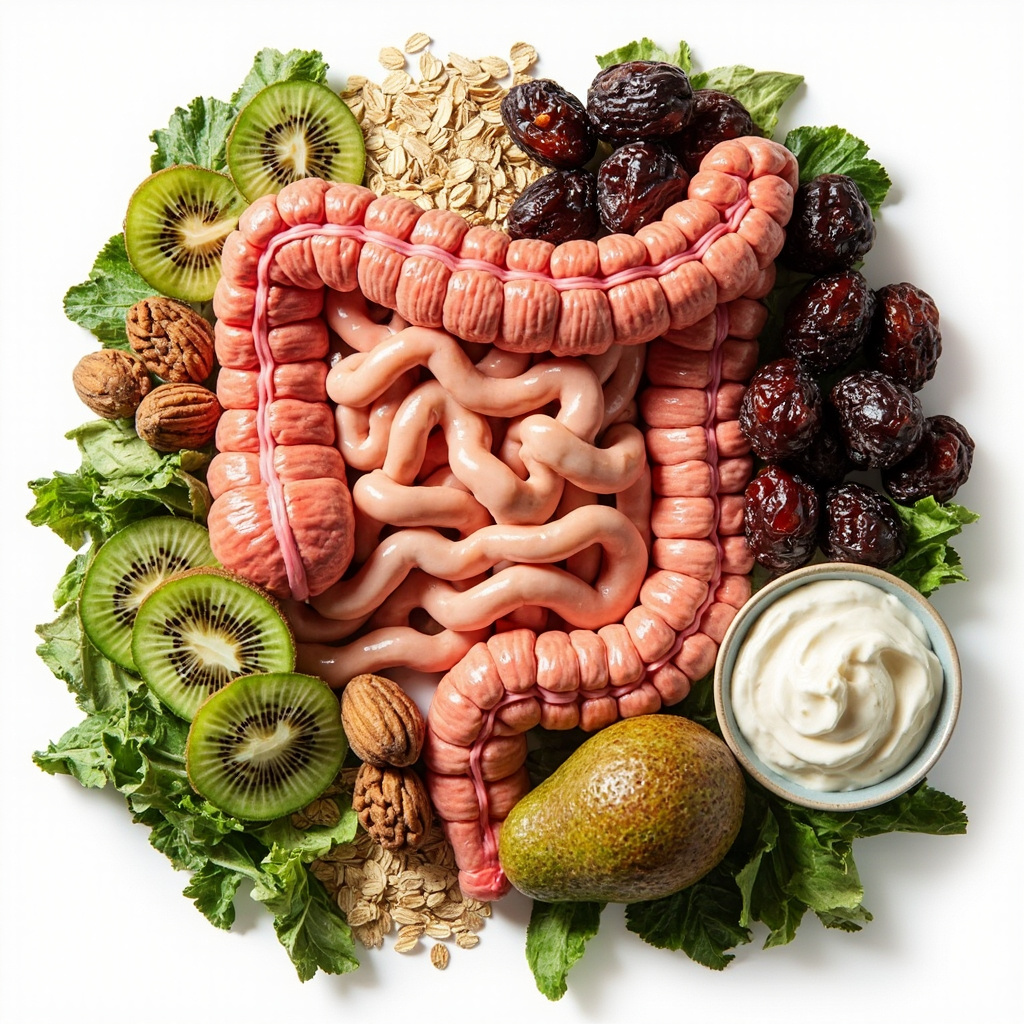 Vibrant anatomical illustration of colon muscles in rhythmic contraction, surrounded by fresh foods like kiwis, prunes, oats, leafy greens, nuts, yogurt, and avocados, in an educational style with soft lighting and clean lines.