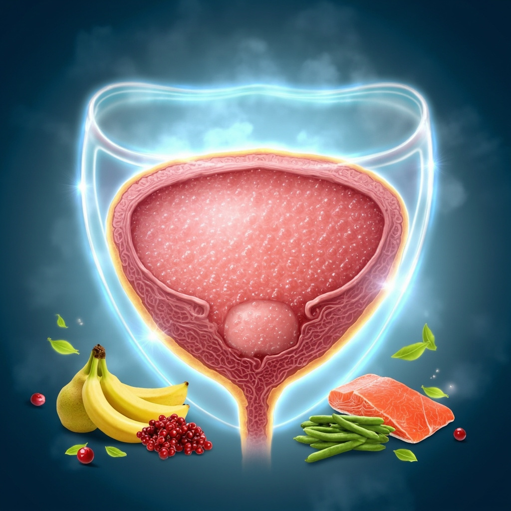 A close-up illustration of sparkling healthy white teeth surrounded by nutritious foods like plain yogurt, green tea leaves, cheese slices, cranberries, and celery sticks, with soft glowing light symbolizing balance and vitality in oral health.