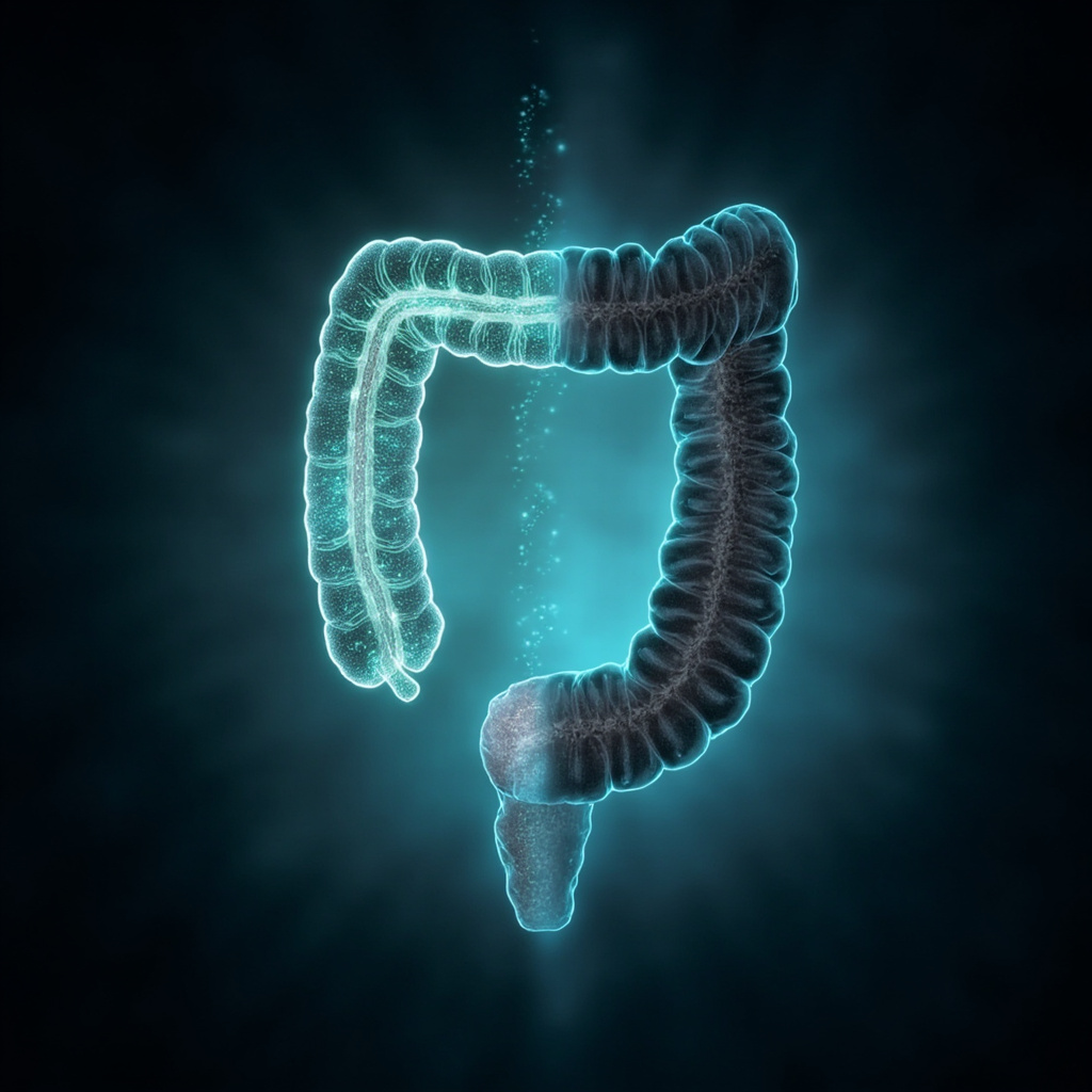 Illustration of the duodenum in the human digestive system: healthy side glowing with nutrient particles flowing in, stressed side blocked and dim, soft medical style with energy waves balancing it, blue-green tones.