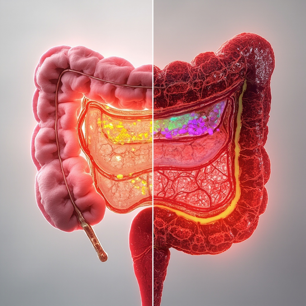 Educational illustration of a healthy human small intestine with villi absorbing colorful nutrients like vitamins and proteins into bloodstream, contrasted with inflamed damaged side leaking food particles, soft medical style, high resolution.