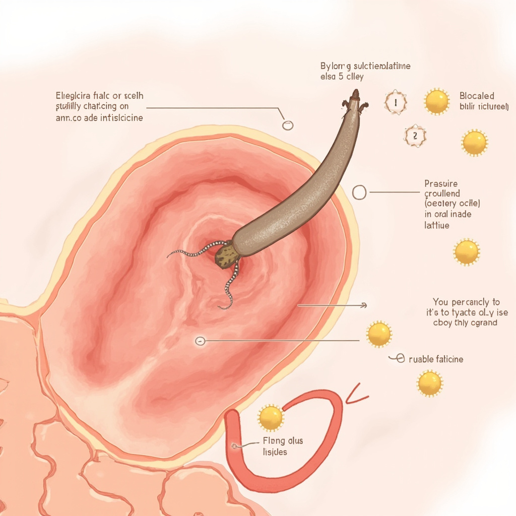 Educational illustration of Dipylidium caninum flea tapeworm attaching to human intestinal lining, icons of bloating, anal itching, fatigue, nutrient absorption icons disrupted, soft medical colors, clean health blog style