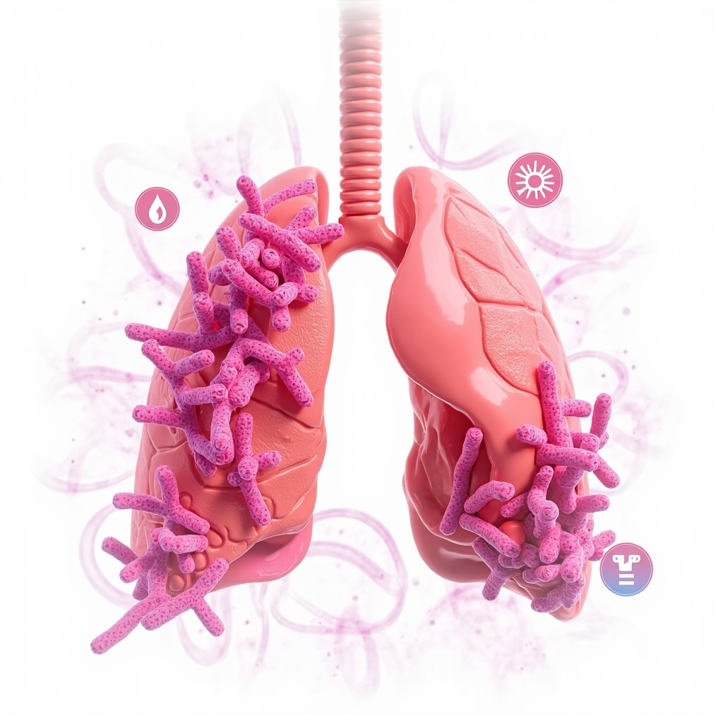 Educational illustration showing pink Serratia marcescens bacteria attacking bladder and lungs, with icons of painful urination, cough, and fatigue; clean medical style with subtle energy waves balancing the infection