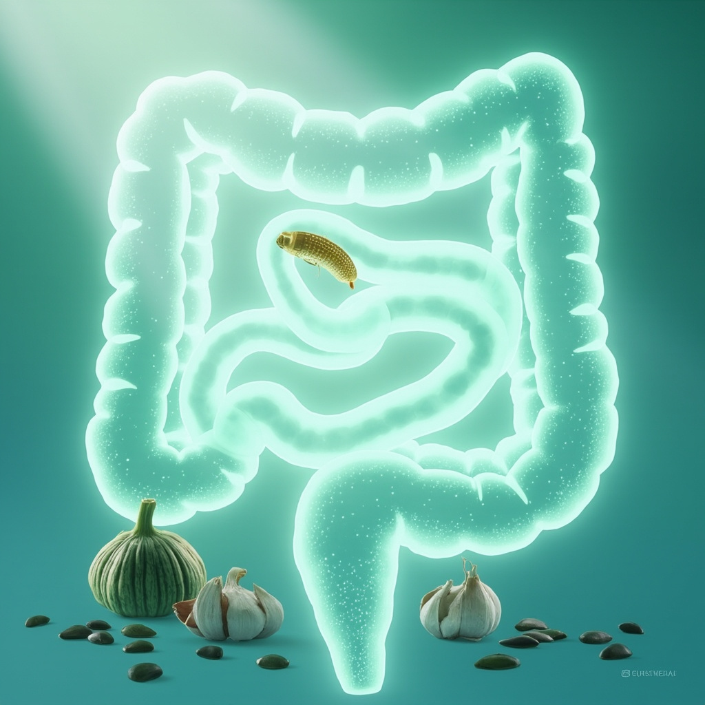 Educational illustration of a healthy glowing intestine balancing a small parasitic fluke with nutritional elements like garlic and pumpkin seeds, in soft green and blue tones, serene and informative style.