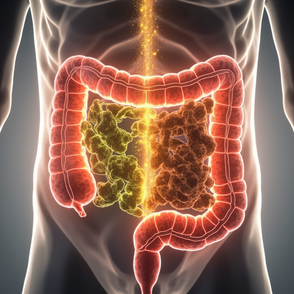 Educational illustration of a human intestine: one side healthy with nutrients flowing in vibrant greens and yellows, the other side showing shadowy blockages preventing absorption, non-graphic, clean medical style, soft lighting.