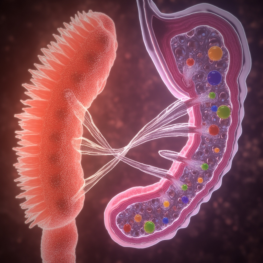 Educational illustration of healthy versus damaged intestinal villi in the small intestine, showing finger-like projections absorbing colorful nutrients into bloodstream, microscopic view, clean medical style