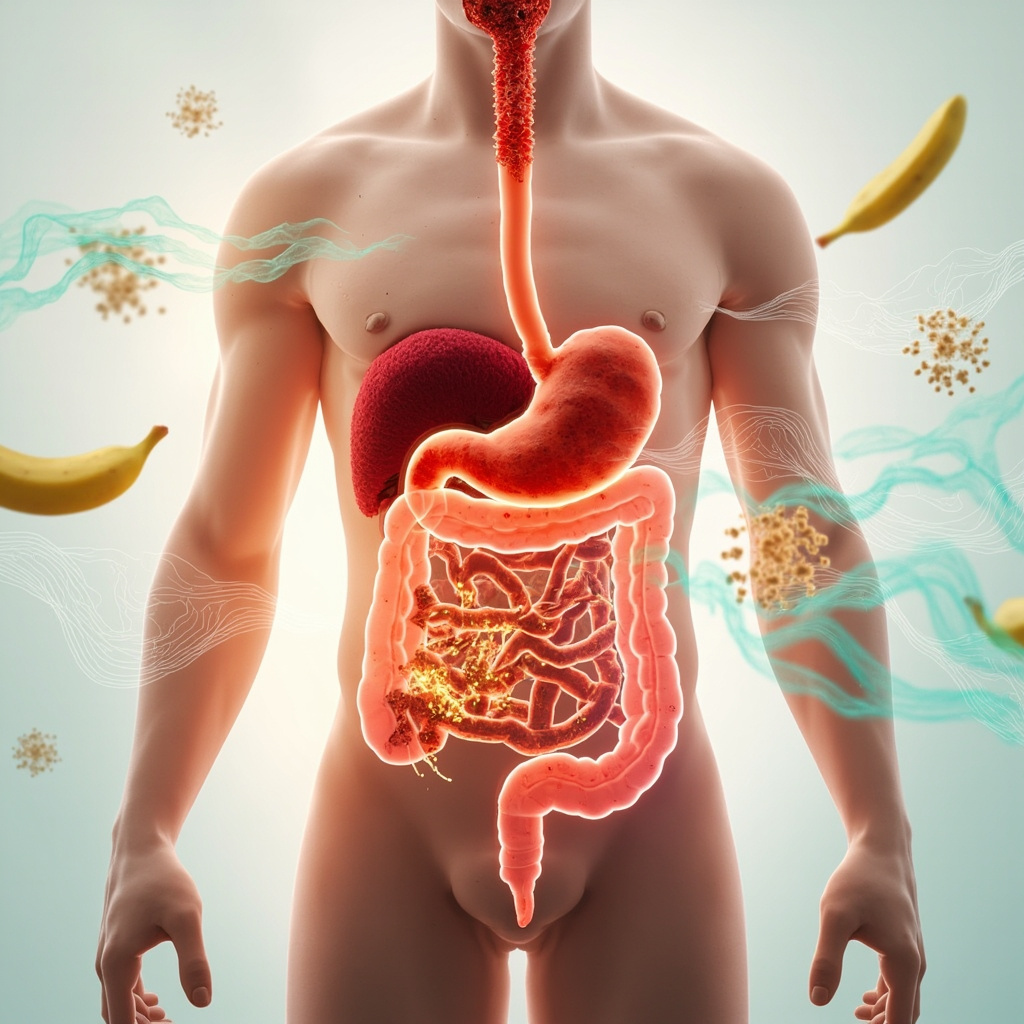 Illustration of a inflamed red stomach and intestines from norovirus infection contrasted with a healthy pink gut absorbing nutrients, soft glowing frequencies balancing it, nutrition icons like bananas and probiotics around.