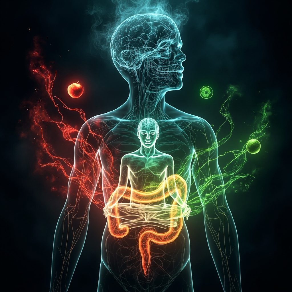 Illustration of human stomach connected to brain by glowing neural pathways, showing disrupted red waves calming to green harmonious rhythms with nutrition icons like fruits and serene meditation pose.