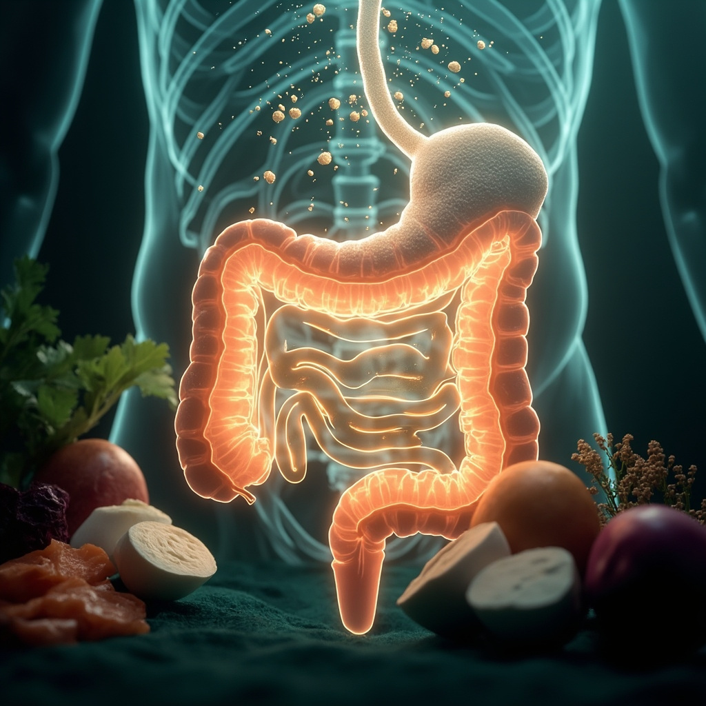 A serene anatomical illustration of the human pancreas in the upper abdomen, with the pancreatic duct highlighted in glowing blue, showing digestive enzymes flowing smoothly to the small intestine, surrounded by icons of healthy foods like vegetables, lean proteins, and fruits, in calming green and blue tones.