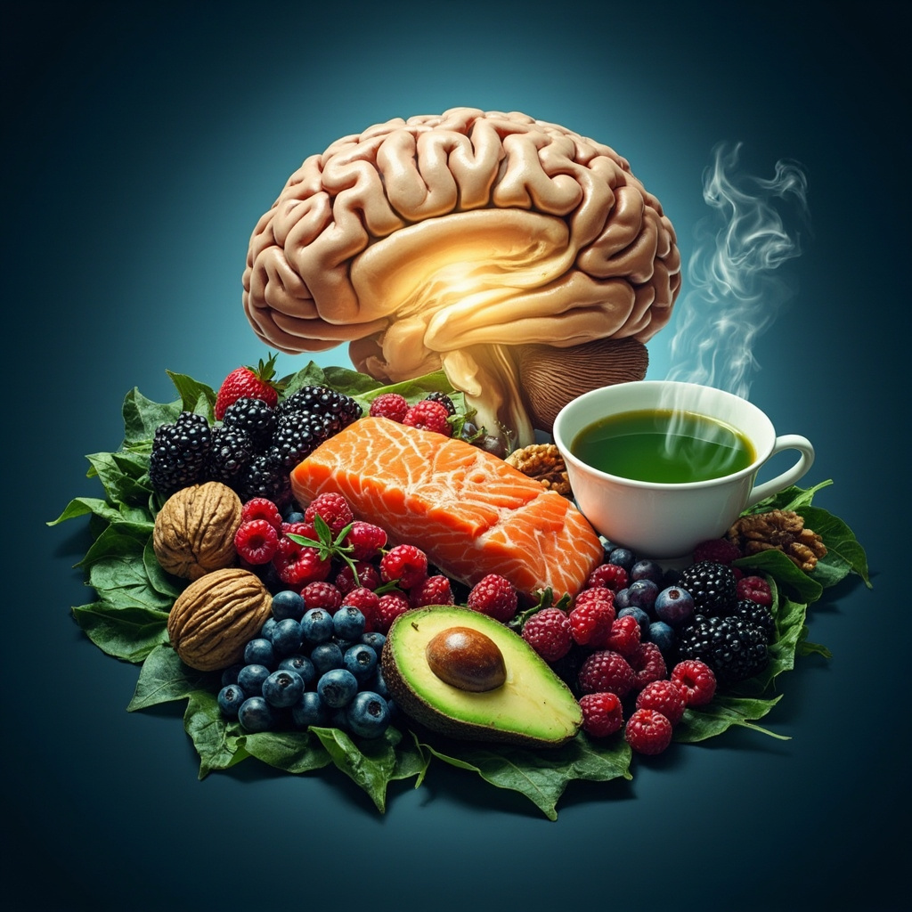 A detailed anatomical illustration of the pituitary gland at the base of the brain, with the medial part highlighted in a soft golden glow, surrounded by fresh nutritious foods like salmon, berries, walnuts, spinach, avocados, and green tea, on a serene blue background symbolizing hormonal balance and vitality.